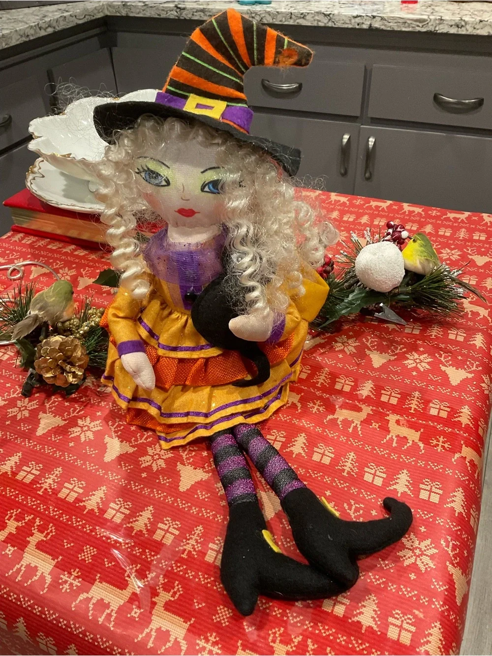 BP-Shelf-Sitting Witch Doll in Orange and Purple - Decorative Plush Figure